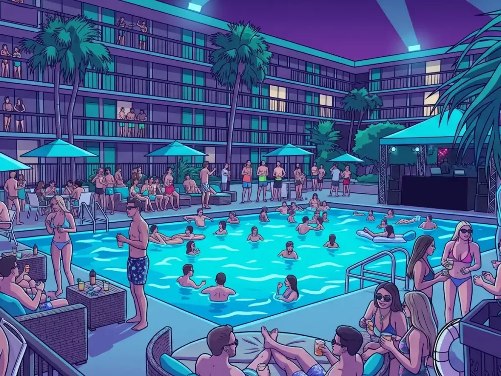 2D digital illustration of a crowded nighttime pool party at a hotel courtyard with palm trees and a DJ booth.