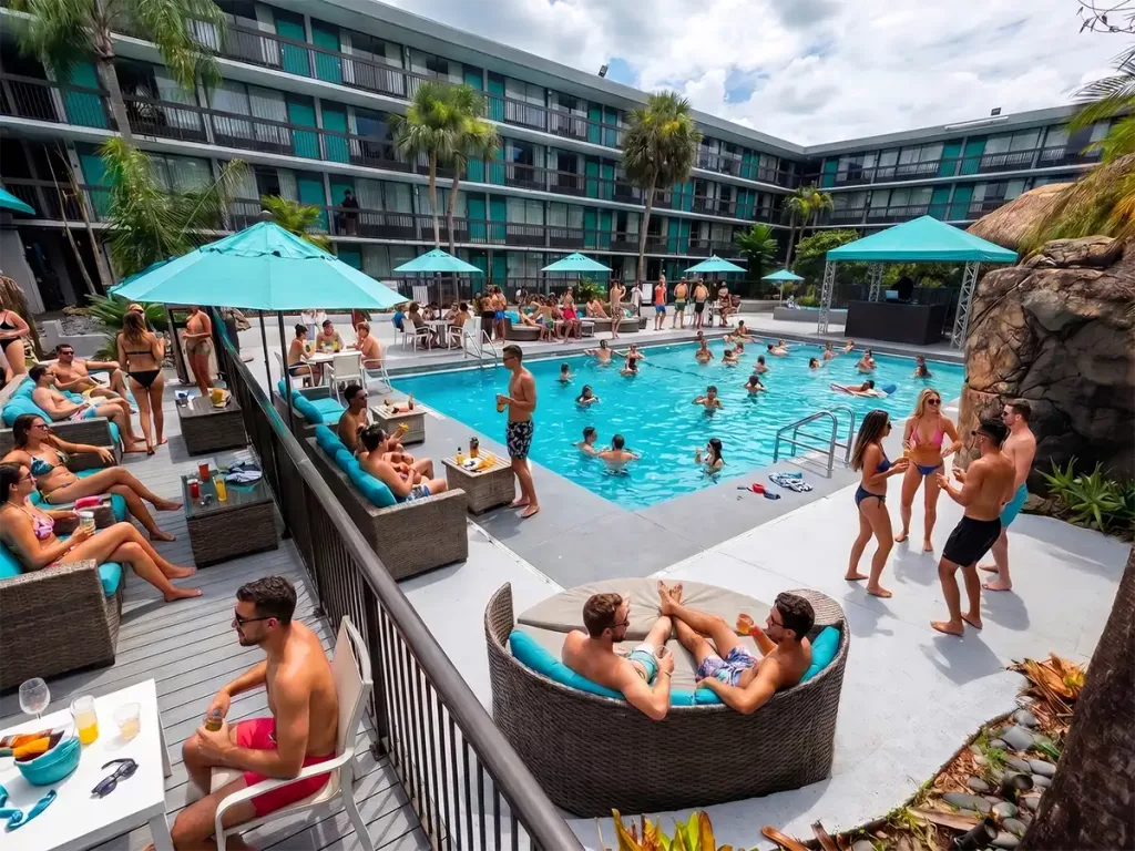 Daytime crowd enjoying a lively pool party at Opal Hotel with people swimming, sunbathing, and relaxing on outdoor lounge chairs.