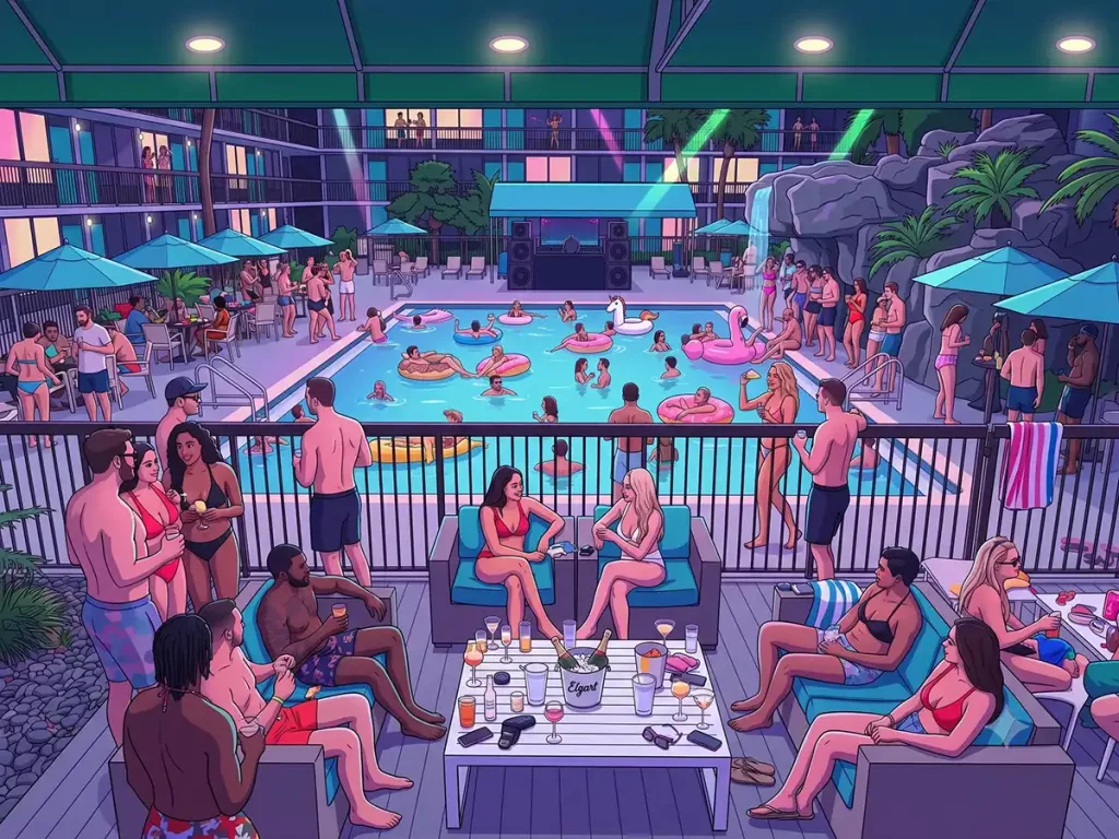 Comic-style cartoon vector illustration of guests lounging at an outdoor patio bar overlooking a busy night pool party.