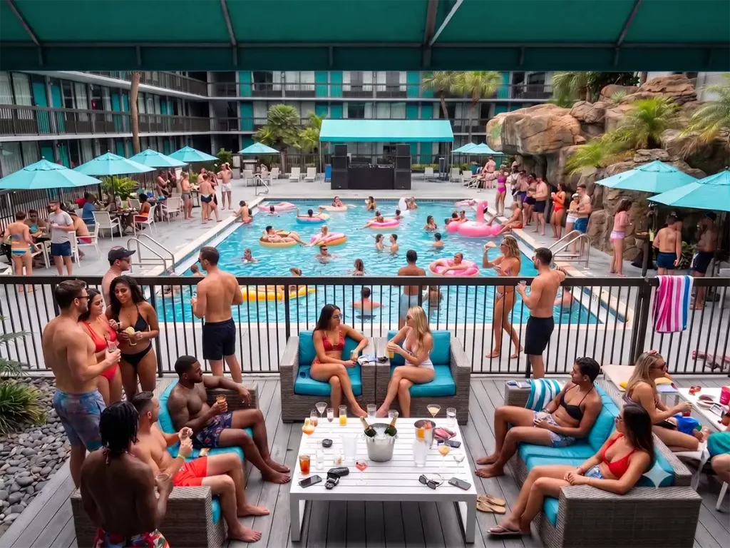 View from the covered patio bar looking out onto a crowded night pool party at Opal Hotel with a waterfall feature and DJ booth.